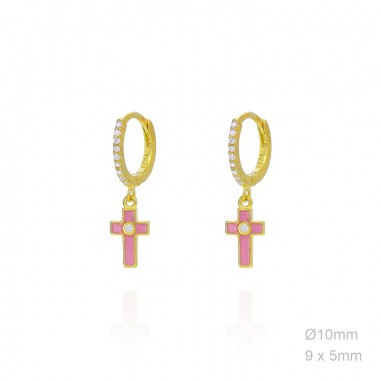 Pendientes Aro Dorado Esmalte Rosa Cruz Circ