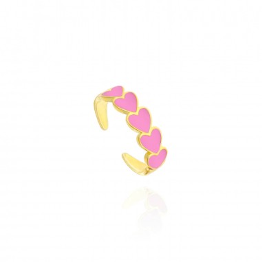 Anillo Dorado Corazones Esmalte Rosa