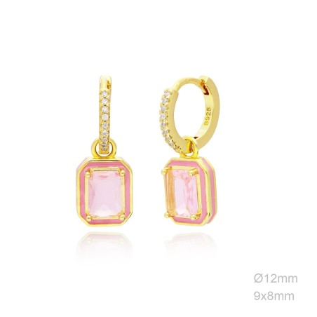 Pendientes Dorado Aro Circ Rectángulo Rosa