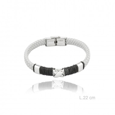 Pulsera Acero Cuero Trenzado "X" Blanca