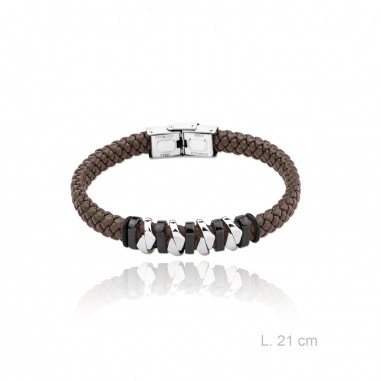 Pulsera Acero Cuero Trenzado Diseño Marrón